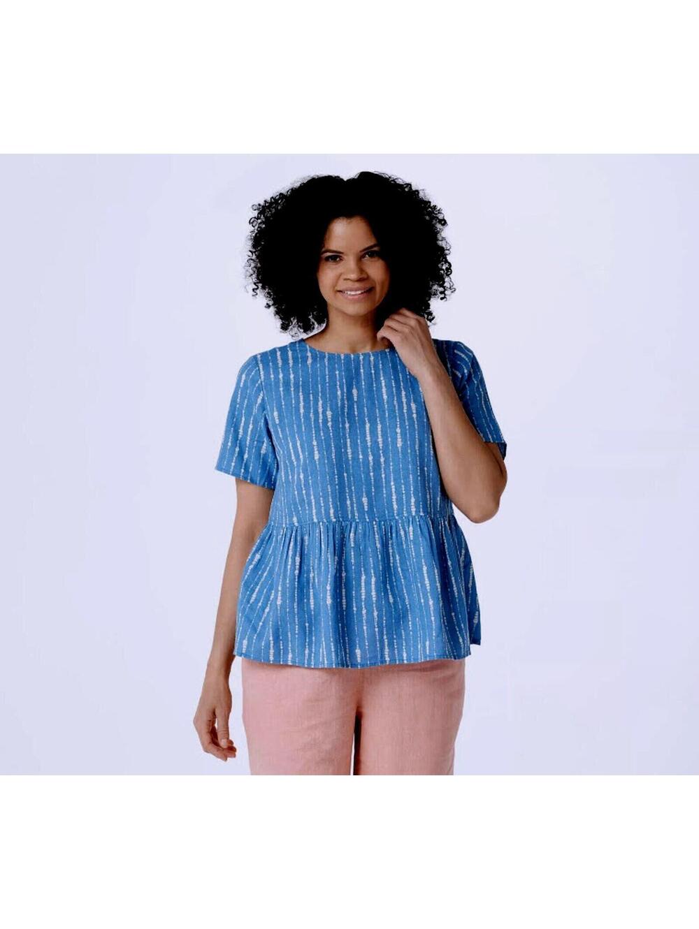 Denim & Co. Naturals Printed Linen Blend Peplum Blouse Pheasant Size M